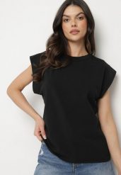 Czarny Bawełniany Top z Falbanką przy Ramionach Galantia. Czarne bluzki damskie Born2be, s, bez wzorów, z bawełny, eleganckie, bez kołnierzyka, bez ramiączek. Za 59.99 zł.
