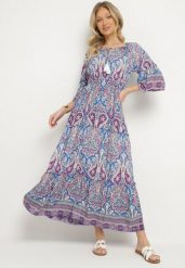 Niebieska Rozkloszowana Sukienka Bawełniana we Wzór Paisley z Chwostami Elliassa. Niebieskie sukienki damskie Born2be, na co dzień, na lato, l, bez wzorów, z bawełny, bez kołnierzyka, bez ramiączek, rozkloszowane. Za 74.99 zł.