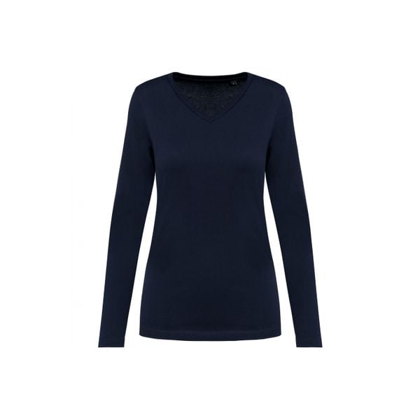 Damska koszulka z długim rękawem suprima v-neck Kariban Premium. Niebieskie t-shirty damskie KARIBAN, bez wzorów, z bawełny, bez kołnierzyka. Za 133.50 zł.