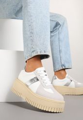 Biało-Szare Sneakersy na Grubej Podeszwie z Ozdobnym Paskiem Viviriana. Białe obuwie sportowe damskie Born2be, bez wzorów, z jeansu. Za 89.99 zł.
