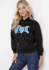 Czarna Bluza Ocieplona z Kapturem i Nadrukiem Wesa. Czarne bluzy damskie Born2be, l, bez wzorów, z jeansu, z kapturem. Za 44.99 zł.