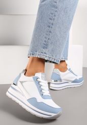 Niebiesko-Białe Sneakersy na Grubej Podeszwie z Brokatowymi Wstawkami Dorcassa. Białe obuwie sportowe damskie Born2be, bez wzorów. Za 99.99 zł.