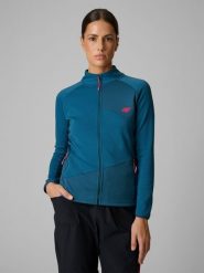 4F Bluza trekkingowa slim bez kaptura damska - turkusowa XS. Niebieskie bluzy damskie 4f, na lato, l, bez wzorów, z materiału, bez kaptura. Za 199.99 zł.