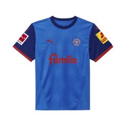 Męska koszulka domowa Holstein Kiel 24/25 PUMA Ignite Blue Clyde Royal. Niebieskie koszulki sportowe męskie Puma, m, bez wzorów, bez kołnierzyka, bez ramiączek, do piłki nożnej. W wyprzedaży za 249.00 zł.