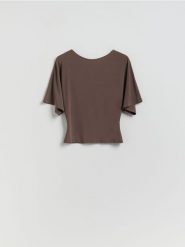 Taliowana bluzka - beżowy. Brązowe bluzki damskie Reserved, l, bez wzorów, z dzianiny, bez kołnierzyka, bez ramiączek. Za 69.99 zł.