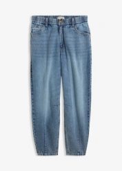 Jeansy typu barrel, cropped. Niebieskie jeansy damskie bonprix, z podwyższonym stanem. Za 77.99 zł.
