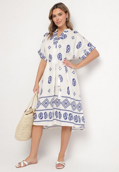 Niebiesko-Kremowa Wiskozowa Sukienka Boho o Pudełkowym Kroju z Rozcięciami Nelbia. Niebieskie sukienki damskie Born2be, na co dzień, na lato, l, bez wzorów, z wiskozy, boho, bez kołnierzyka, bez ramiączek. Za 89.99 zł.