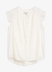 Bluzka z wiskozy. Białe bluzki damskie bonprix, bez wzorów, z wiskozy, eleganckie, bez kołnierzyka, bez ramiączek. Za 99.99 zł.