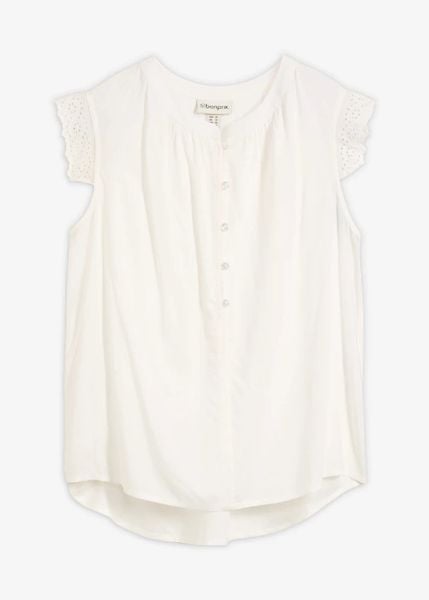 Bluzka z wiskozy. Białe bluzki damskie bonprix, bez wzorów, z wiskozy, eleganckie, bez kołnierzyka, bez ramiączek. Za 59.99 zł.