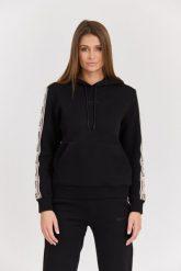 GUESS Czarna damska bluza Carla Hooded, Rozmiar M. Czarne bluzy damskie Guess, m, z aplikacjami, z bawełny, bez kaptura. W wyprzedaży za 226.99 zł.