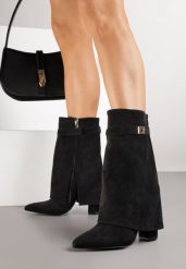 Czarne Botki z Ekozamszu na Słupkowym Obcasie z Cholewką Imitującą Nogawkę Emmidre. Czarne botki damskie Renee, z jeansu, bez obcasa, na obcasie, bez zapięcia. Za 159.99 zł.
