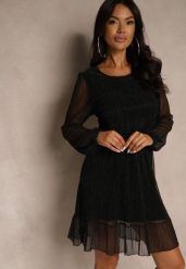 Czarna Rozkloszowana Wiskozowa Sukienka z Metaliczną Nicią Melanissa. Czarne sukienki damskie Renee, na co dzień, m, bez wzorów, z jeansu, eleganckie, bez kołnierzyka, bez ramiączek, mini, rozkloszowane. Za 109.99 zł.