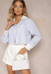Niebieska Koszula o Skróconym Fasonie z Cyrkoniami Levima. Niebieskie bluzki damskie Renee, m, bez wzorów, z jeansu, eleganckie, bez kołnierzyka, bez ramiączek. Za 79.99 zł.