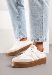 Biało-Beżowe Sneakersy w Stylu Tenisówek z Paskami Nilomira. Białe obuwie sportowe damskie Born2be, bez wzorów, z jeansu, tenisowe. Za 84.99 zł.