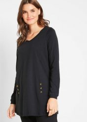 Długi shirt z bawełny organicznej. Czarne bluzki damskie bonprix, bez wzorów, z bawełny, bez kołnierzyka, bez ramiączek. Za 67.99 zł.