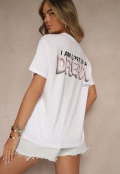 Biało-Różowy T-shirt z Bawełny Ozdobiony Nadrukiem Adneria. Białe bluzki damskie Renee, l, bez wzorów, z bawełny, bez kołnierzyka. Za 59.99 zł.