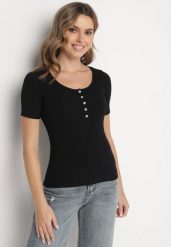 Czarny Prążkowany T-shirt z Bawełny Ozdobiony Guzikami Tasavia. Czarne bluzki damskie Born2be, m, z aplikacjami, z bawełny, eleganckie, bez kołnierzyka. Za 44.99 zł.