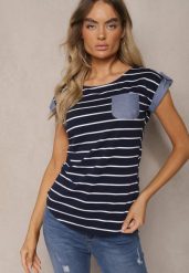 Czarny T-shirt z Bawełny z Ozdobną Kieszonką i Rękawkami w Paski Anacetsa. Czarne bluzki damskie Renee, l, bez wzorów, z bawełny, eleganckie, bez kołnierzyka. Za 39.99 zł.