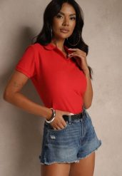 Czerwony Bawełniany T-shirt Typu Polo Arsenllia. Czerwone bluzki damskie Renee, l, bez wzorów, z bawełny, eleganckie, bez kołnierzyka, bez ramiączek. Za 79.99 zł.
