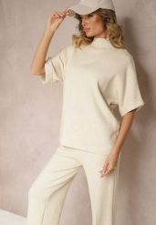 Jasnobeżowy Komplet Oversize z Dzianiny z Wiskozą T-shirt i Spodnie o Szerokim Kroju Linneathra. Brązowe spodnie materiałowe damskie Renee, l, bez wzorów, z dzianiny. Za 159.99 zł.