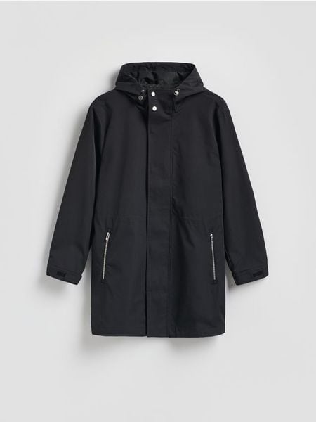 Kurtka parka z kapturem - czarny. Czarne kurtki męskie Reserved, l, bez wzorów, z kapturem. W wyprzedaży za 199.99 zł.
