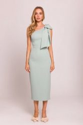 Elegancka sukienka ołówkowa na jedno ramię z kokardą miętowa. Zielone sukienki damskie MOE, na imprezę, l, bez wzorów, z elastanu, eleganckie, z asymetrycznym kołnierzem, bez ramiączek, midi, asymetryczne. Za 389.00 zł.