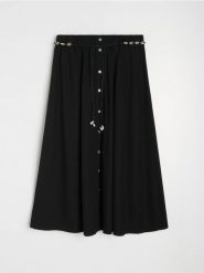 Spódnica midi z ozdobnym paskiem i domieszką lnu - czarny. Czarne spódnice damskie Sinsay, l, bez wzorów, midi. Za 59.99 zł.