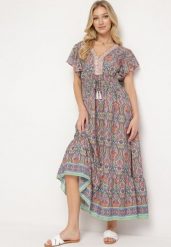 Pomarańczowa Sukienka w Stylu Boho z Cienkimi Gumkami w Pasie Ozdobiona Frędzlami Vitessa. Niebieskie sukienki damskie Born2be, s, bez wzorów, boho, bez kołnierzyka, bez ramiączek, maxi. Za 69.99 zł.
