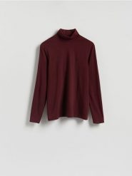 Bawełniany longsleeve z golfem - brązowy. Brązowe bluzki z długim rękawem męskie Reserved, l, bez wzorów, z bawełny, bez kołnierzyka. Za 79.99 zł.