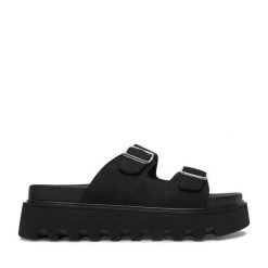 Klapki JENNY. Czarne klapki damskie Jenny, bez wzorów, bez obcasa. Za 129.99 zł.