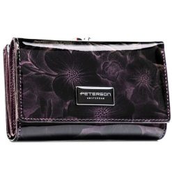 Modna fioletowa portmonetka damska w kwiaty portfel na zatrzask i bigiel lakierowana skóra ekologiczna i naturalna RFID STOP Peterson PTN PS108-FDS. Fioletowe portfele damskie Peterson, z aplikacjami, z lakierowanej skóry. Za 109.99 zł.