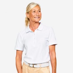 Koszulka polo do golfa z krótkim rękawem damska Inesis MW500. Białe koszulki sportowe damskie INESIS, m, bez wzorów, z bawełny, bez kołnierzyka, bez ramiączek, na golfa. Za 59.99 zł.