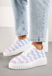 Biało-Niebieskie Sneakersy na Grubej Podeszwie z Ażurową Cholewką Ellisene. Białe obuwie sportowe damskie Born2be, w ażurowe wzory. Za 89.99 zł.