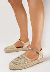 Złote Espadryle na Grubej Podeszwie z Plecionki i Ażurowym Wzorem na Cholewce Astaria. Żółte espadryle damskie Born2be, w ażurowe wzory, boho, bez obcasa, bez zapięcia. Za 84.99 zł.