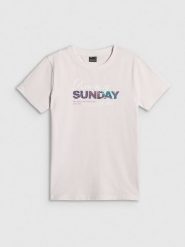 4F T-shirt regular z nadrukiem damski - biały XS. Białe t-shirty damskie 4f, xs, bez wzorów, z bawełny, klasyczne, bez kołnierzyka. Za 59.99 zł.