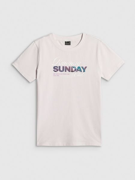 4F T-shirt regular z nadrukiem damski - biały S. Białe t-shirty damskie 4f, s, bez wzorów, z bawełny, klasyczne, bez kołnierzyka. Za 59.99 zł.