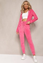 Fuksjowy Dresowy Komplet z Weluru Spodnie i Bluza z Kapturem na Suwak Styrena. Czerwone bluzy damskie Renee, m, bez wzorów, z dresówki. Za 74.99 zł.
