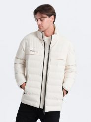 Zimowa kurtka męska z odpinanym kapturem - kremowa V2. Białe kurtki męskie Ombre Clothing, na zimę, m, bez wzorów. W wyprzedaży za 277.49 zł.