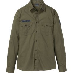 Koszula z długim rękawem i nadrukiem na plecach Slim Fit bonprix ciemnooliwkowy. Koszule męskie marki bonprix. Za 54.99 zł.