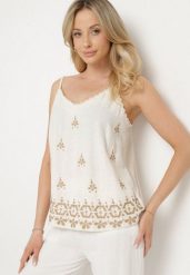 Beżowy Top z Lnem i Wiskozą z Haftem w Stylu Boho Ronira. Brązowe bluzki damskie Born2be, na lato, l, bez wzorów, z jeansu, boho, bez kołnierzyka, bez ramiączek. Za 84.99 zł.