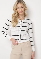 Biały Kardigan w Paseczki z Eleganckimi Guziczkami Myrth. Białe kardigany damskie Born2be, m, bez wzorów, z jeansu, eleganckie, bez kołnierzyka, bez ramiączek, bez kaptura. Za 129.99 zł.
