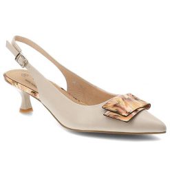 Czółenka damskie S.Barski, slingback ze skóry naturalnej z ozdobną aplikacją dekoracyjnym obcasem i regulowanym paskiem, beżowe, LZ61-2006. Brązowe czółenka damskie S.BARSKI, z aplikacjami, ze skóry, eleganckie, bez obcasa, na obcasie, bez zapięcia. Za 233.90 zł.