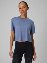 4F Koszulka do biegania szybkoschnąca damska - niebieska XS. Niebieskie koszulki sportowe damskie 4f, s, bez wzorów, z materiału, bez kołnierzyka, bez ramiączek, do biegania. Za 119.99 zł.