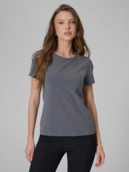 T-shirt slim gładki damski 4F 4FRSS26TTSHF3628. Szare t-shirty damskie 4f, s, bez wzorów, z bawełny, klasyczne, bez kołnierzyka. Za 49.99 zł.
