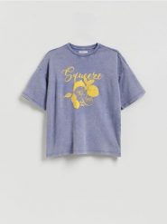 T-shirt z nadrukiem - lawendowy. Fioletowe t-shirty damskie Reserved, l, bez wzorów, z bawełny, bez kołnierzyka. Za 59.99 zł.