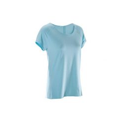 Koszulka do jogi krótki rękaw damska. Niebieskie t-shirty damskie DOMYOS, z bawełny. W wyprzedaży za 34.99 zł.