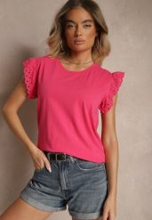 Różowa Bawełniana Bluzka z Krótkim Rękawem z Ażurowej Falbanki Voanira. Czerwone bluzki damskie Renee, l, w ażurowe wzory, z bawełny, eleganckie, bez kołnierzyka, bez ramiączek. Za 39.99 zł.