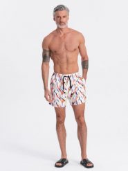 Szorty męskie kąpielówki w kolorowy print - białe V2 - Rozmiar: L. Białe kąpielówki męskie Ombre Clothing, l, bez wzorów, z poliesteru, do pływania. W wyprzedaży za 49.99 zł.