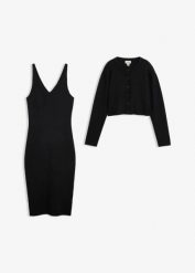 Zestaw z dzianiny: sukienka i sweter (2 części). Czerwone swetry damskie bonprix, bez wzorów, z dzianiny, bez kołnierzyka, bez ramiączek, bez kaptura. Za 189.99 zł.