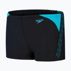 Bokserki kąpielowe dziecięce Speedo Hyper Boom Logo Splice Aquashort. Czarne kąpielówki dla chłopców Speedo, bez wzorów, z lycry. Za 73.99 zł.